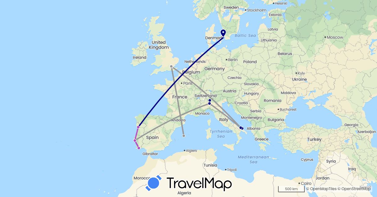 TravelMap itinerary: driving, plane, train in Denmark, Spain, United Kingdom, Italy, Portugal (Europe)